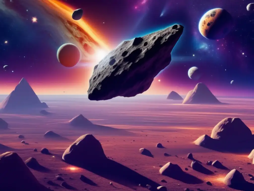 Acceso equitativo recursos asteroides: visión asombrosa del espacio lleno de asteroides, con colores vibrantes y minerales brillantes