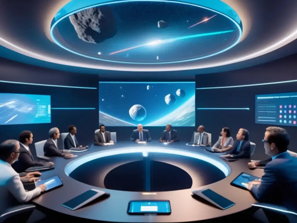 Jurisdicción asteroidal en acuerdo lunar: representantes de varios países discuten en sala futurista con hologramas y gráficos