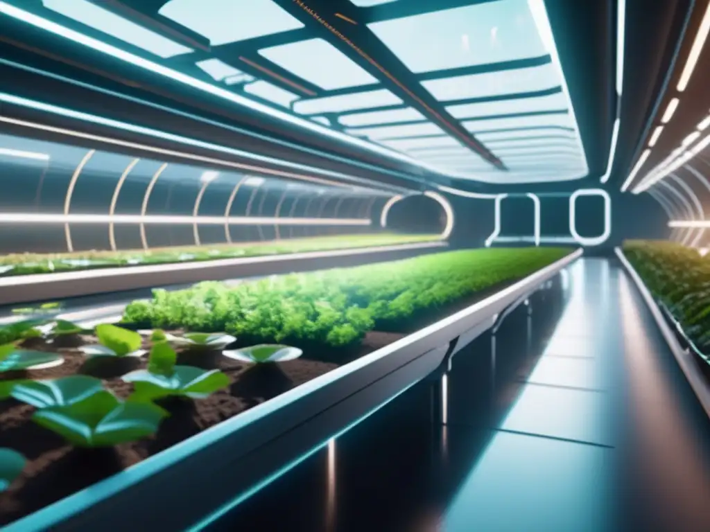 Agricultura espacial en baja gravedad: estación espacial futurista cultivando plantas verdes en el espacio con tecnología avanzada