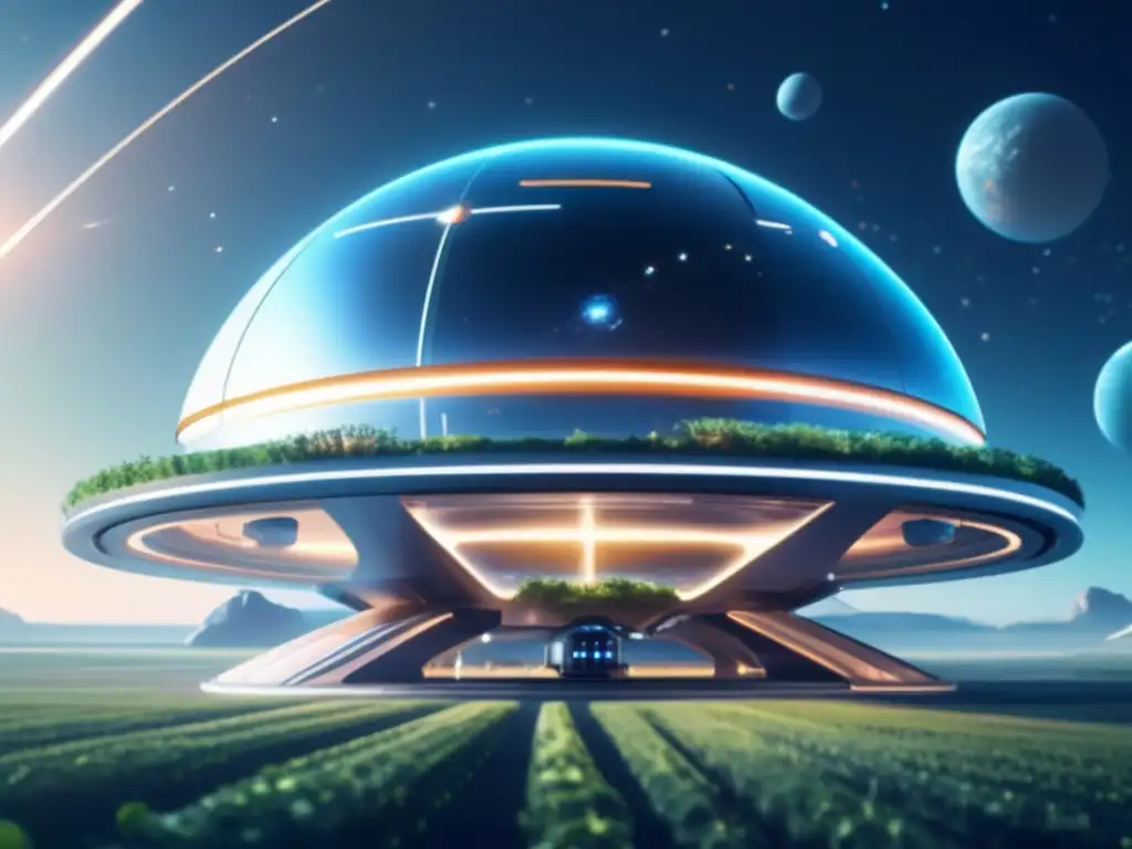 Agricultura espacial en baja gravedad: Estación espacial futurista con domos transparentes y plantas vibrantes, astronautas cuidando la naturaleza