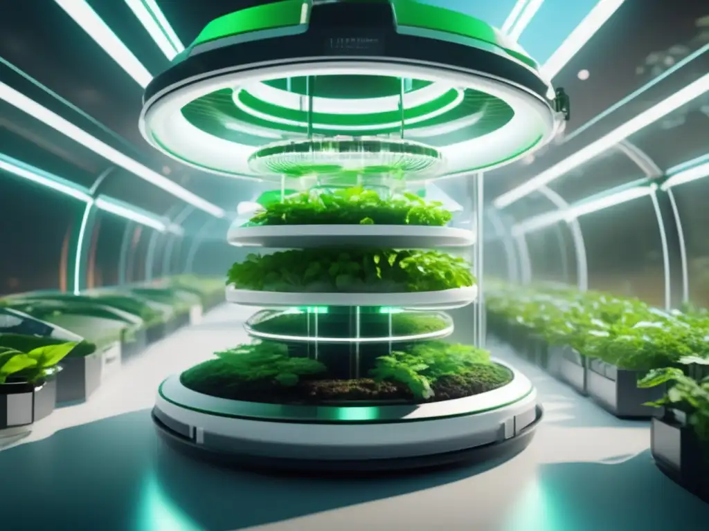 Agricultura espacial en baja gravedad: Estación espacial futurista con jardín hidropónico flotante, plantas verdes vibrantes y tecnología avanzada