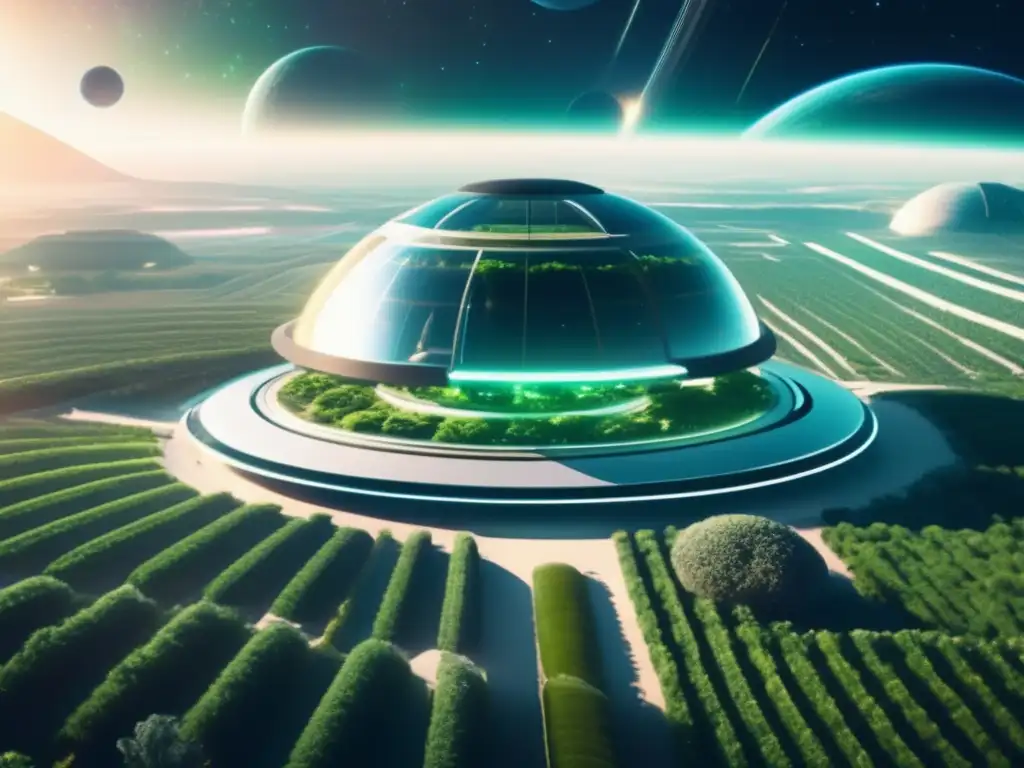 Agricultura espacial en baja gravedad: estación futurista con jardines verdes vibrantes y astronautas cuidando cultivos