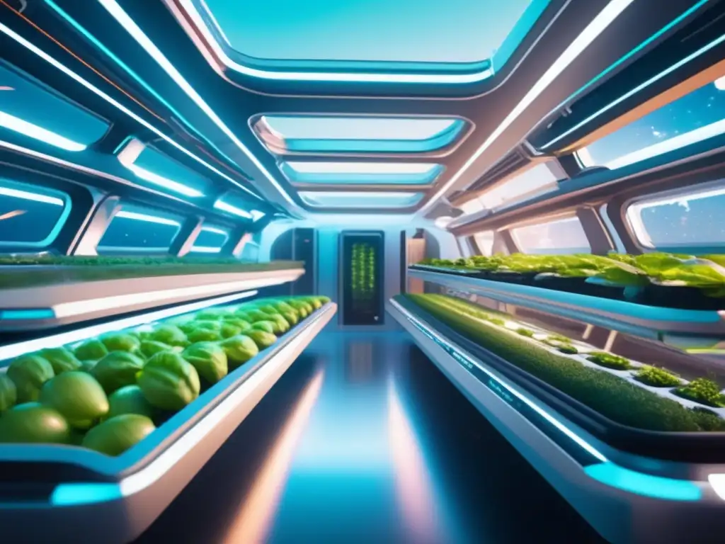 Agricultura espacial en baja gravedad: Futurista estación espacial con granja vertical llena de cultivos iluminados y detallados