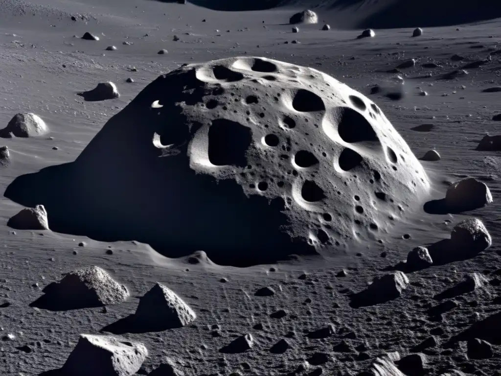 Albedo asteroide tipo C, superficie rugosa y oscura, detalle de cráteres, bultos y reflejos sutiles