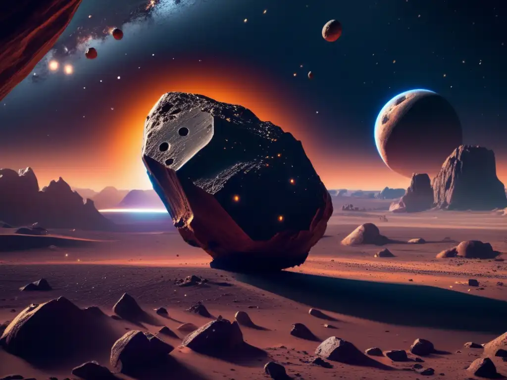 Preparación ante amenaza asteroidal: Imagen detallada de un asteroide colosal rodeado de drones mineros avanzados