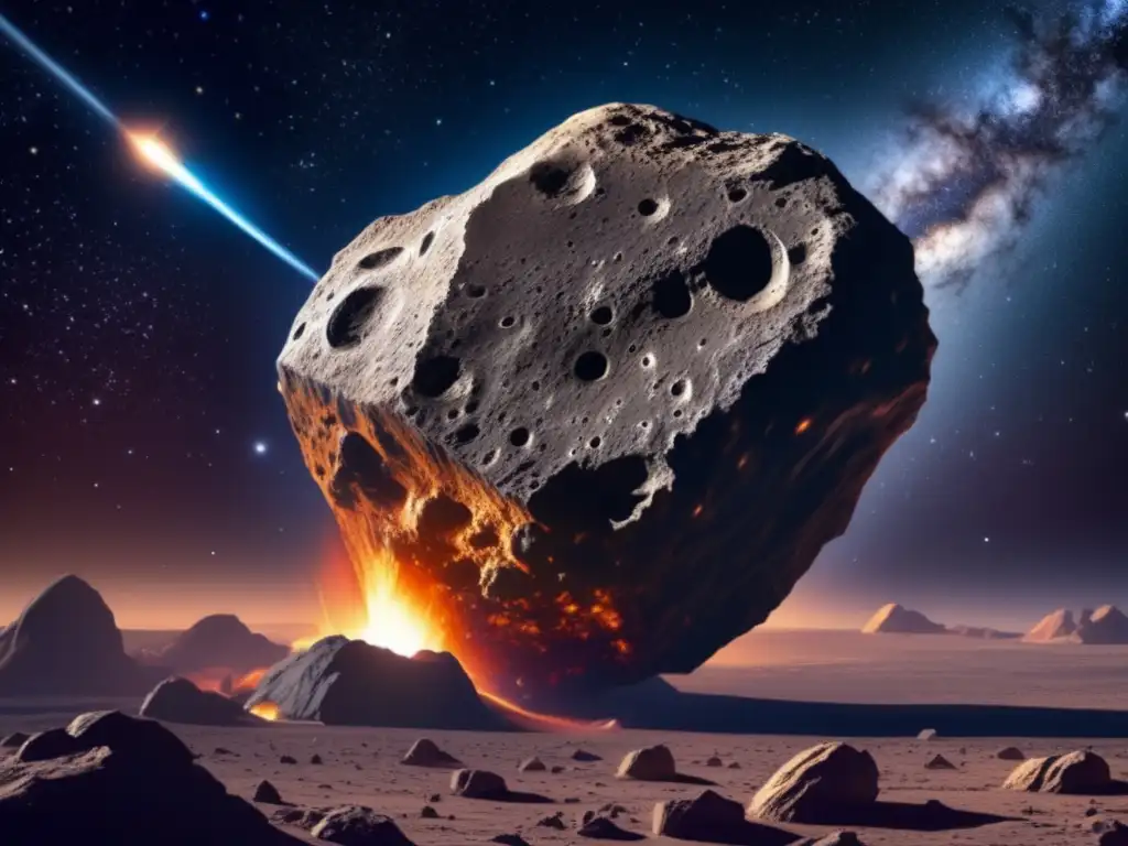 Amenaza y oportunidad: Asteroide masivo en el espacio rodeado de estrellas y galaxias, con superficie rugosa e iluminado por una estrella cercana
