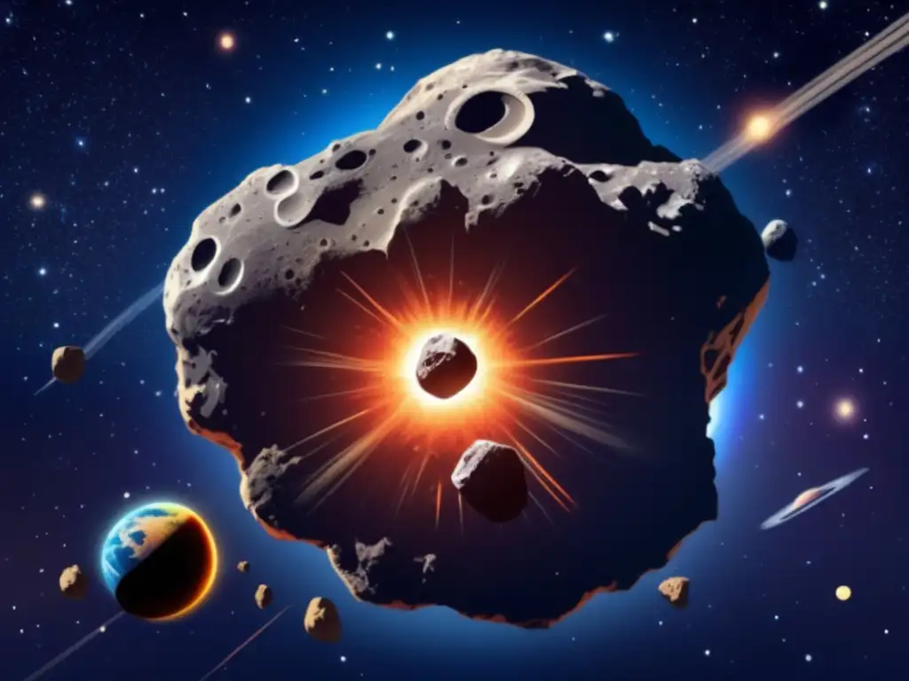 Amenazante asteroide acercándose a la Tierra rodeado de estrellas y galaxias - Políticas espaciales económicas