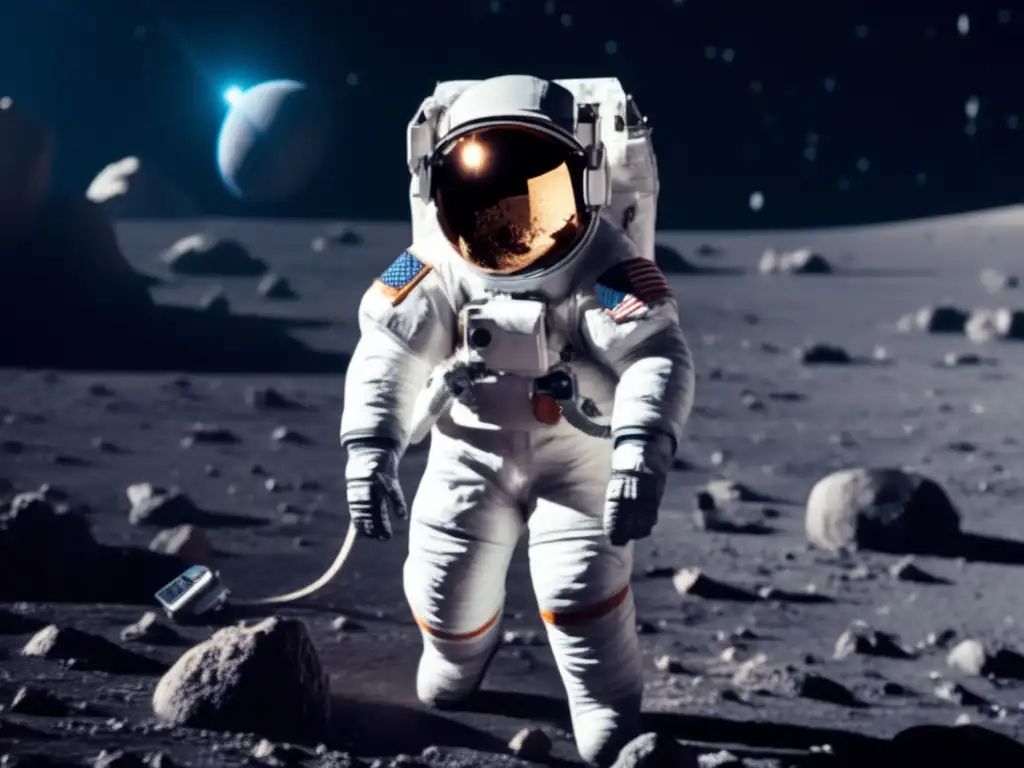 An astronauta flota sobre un asteroide desolado en el espacio