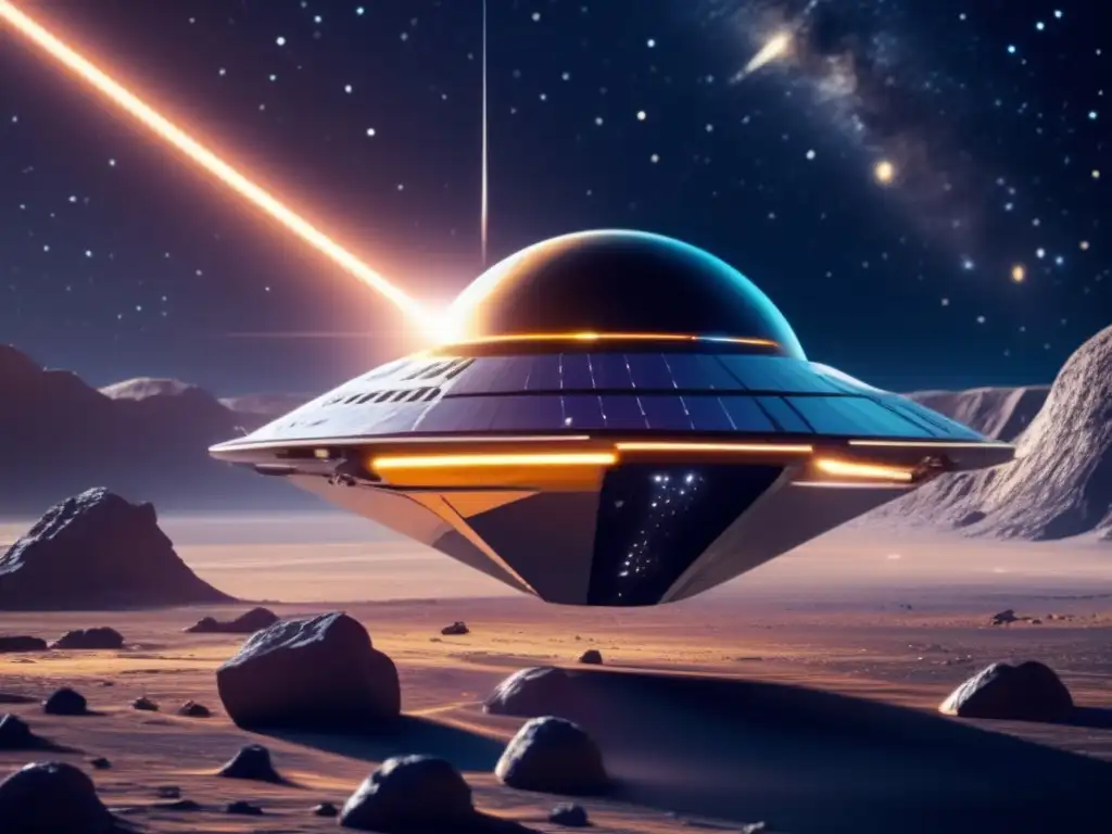 An imagen: Nave espacial futurista sobre asteroide, exploración y explotación de asteroides