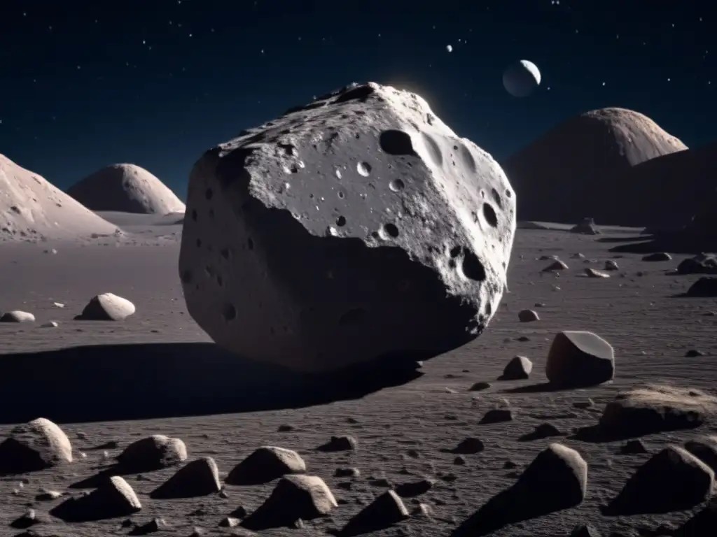 An 8k imagen ultradetallada del asteroide Ryugu en el espacio, destacando sus características únicas y su posición en el sistema solar