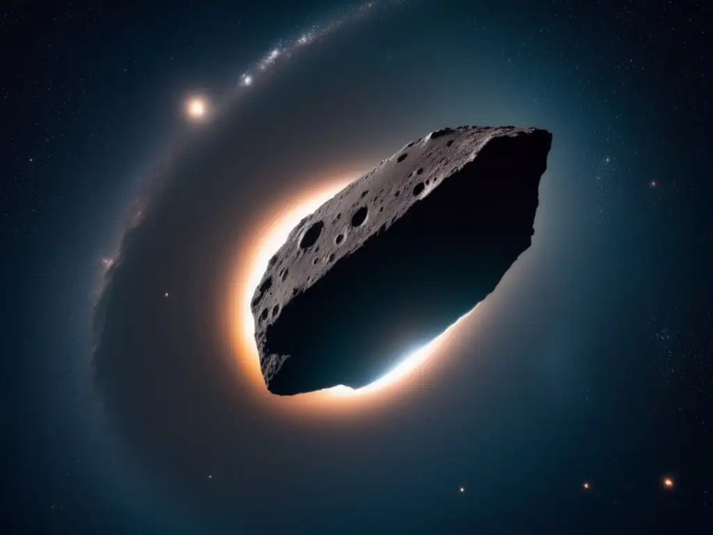Descubrimiento anillos asteroide Chariklo: vista cinematográfica dramática con superficie irregular y oscura