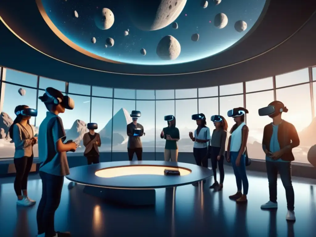 Aprendizaje experiencial con asteroides en aula futurista y estudiantes inmersos en realidad virtual