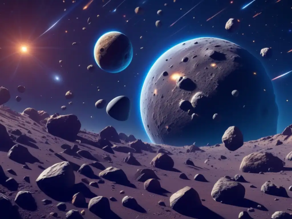 Exploración y aprovechamiento de asteroides en un campo estelar 8K con colores vibrantes y texturas únicas