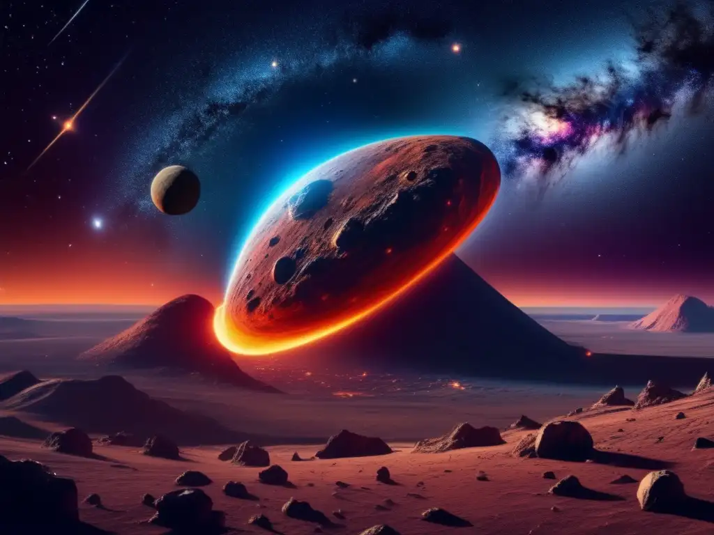 Exploración y aprovechamiento de asteroides: Escena celestial con asteroide majestuoso, colores fascinantes y símbolos culturales