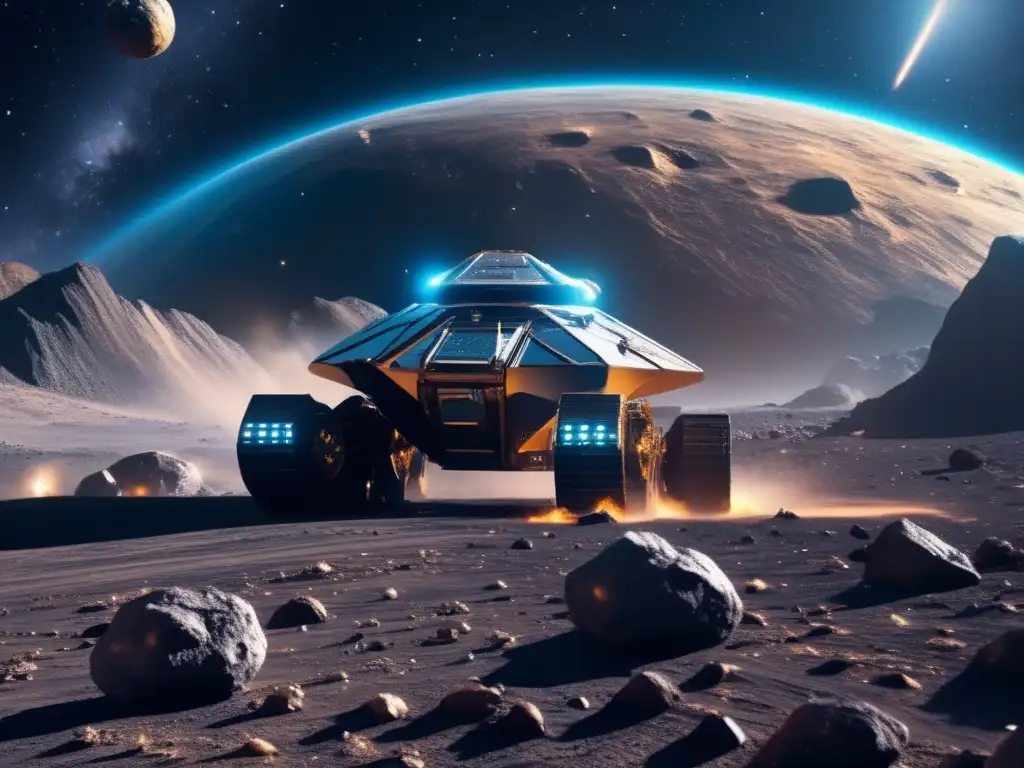 Exploración y aprovechamiento de asteroides: Futurista mina espacial en asteroide lleno de minerales preciosos