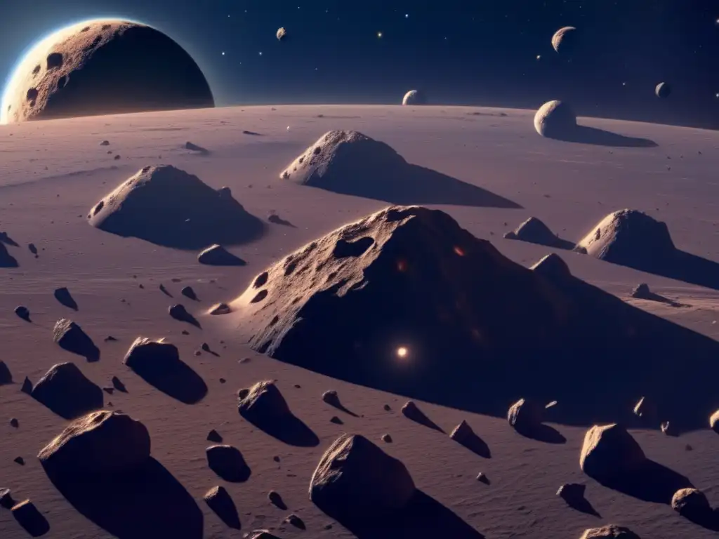 Exploración y aprovechamiento de asteroides en un vasto espacio oscuro y misterioso lleno de asteroides de diversas formas y tamaños