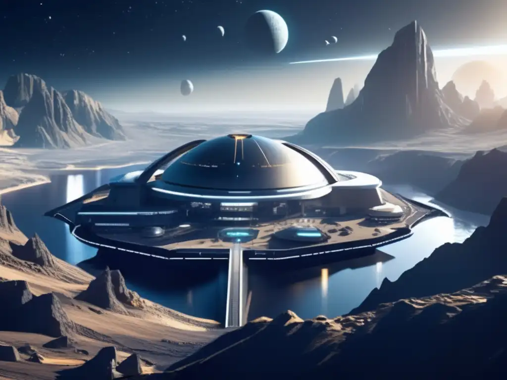Asentamiento humano en asteroide con arquitectura futurista y tecnología avanzada