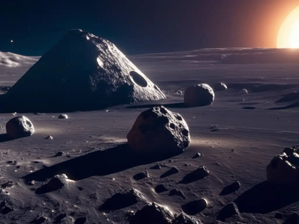 Un asombroso paisaje de un asteroide, con su superficie llena de cráteres y textura rugosa, iluminada por la suave luz del sol