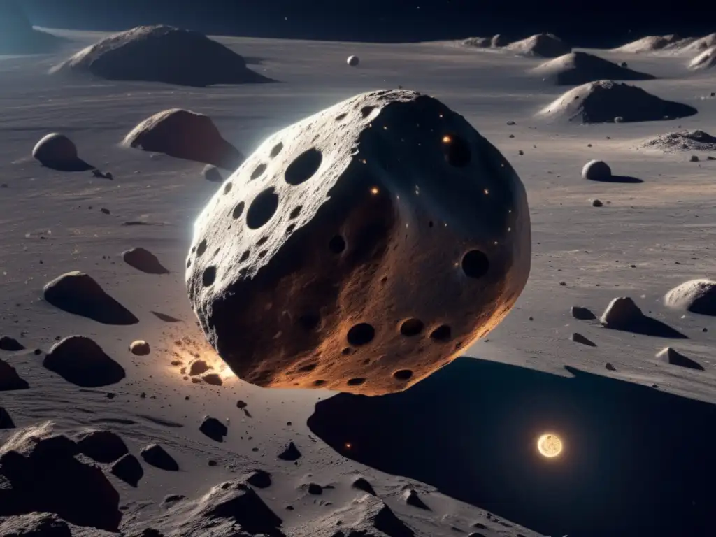 Asteroid en el espacio rodeado de polvo y escombros, con una nave espacial futurista equipada con instrumentos científicos