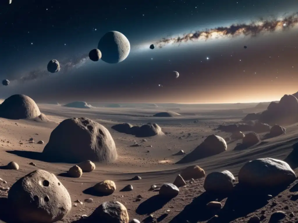 Asteroid belt flotante en el espacio, con asteroides detallados y nebulosas vibrantes