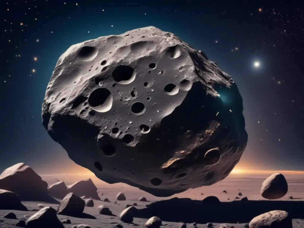 Asteroid type C: Imagen 8k detallada de un asteroide oscuro y rocoso de 10 km de diámetro en el espacio, con superficie irregular y cráteres
