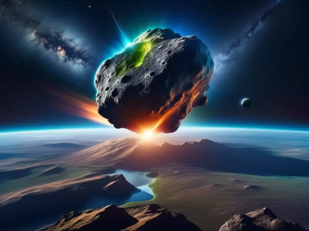 Asteroid colisión tierra: Imagen 8k ultradetallada muestra asteroides masivos acercándose a la Tierra, resaltando su poder y riesgo
