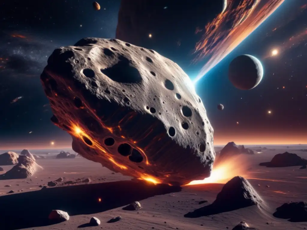 Asteroid impacto en la Tierra: Imagen 8k de un asteroide masivo en el espacio, rodeado de polvo cósmico y estrellas vibrantes