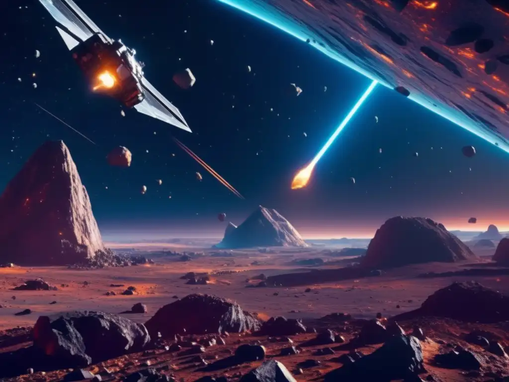 Asteroid field con nave minera captura la esencia futurista de la minería espacial y sus beneficios económicos