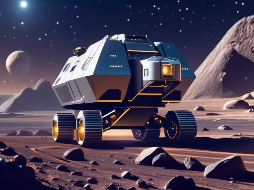 Asteroid mining: Futuristic scene of a space mining operation on a rocky asteroid with advanced robotic arms