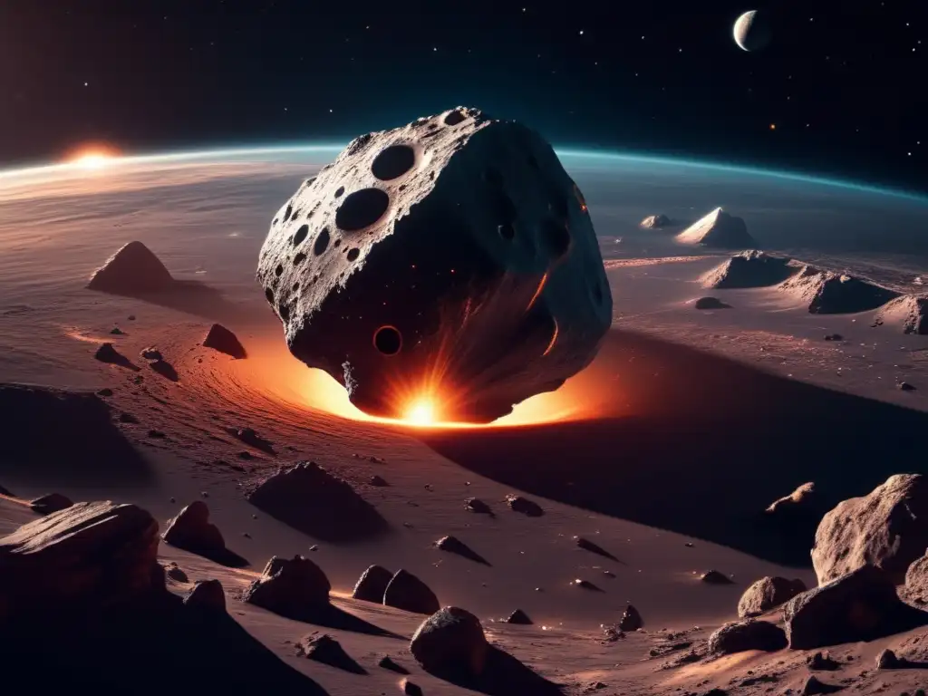 Asteroida 8k con cráteres y nave espacial futurista