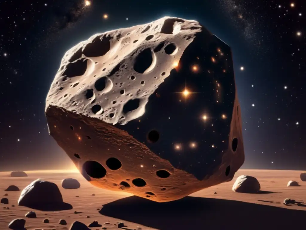 Asteroida en el espacio rodeado de estrellas, con superficie rocosa y cráteres