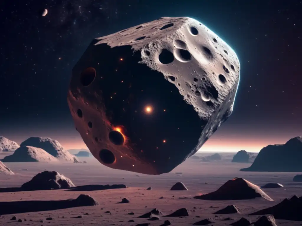 Asteroida en el espacio rodeado por nave científica, exploración de asteroides cercanos a la Tierra