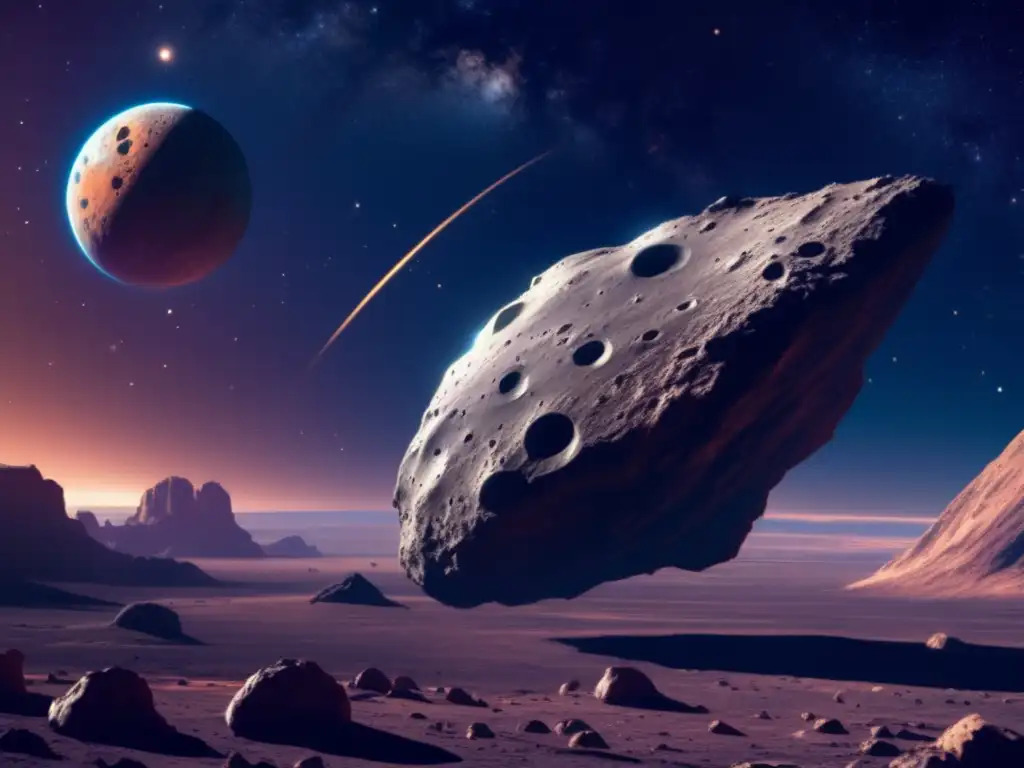 Asteroida gigante en el espacio con su superficie llena de cráteres y formaciones rocosas