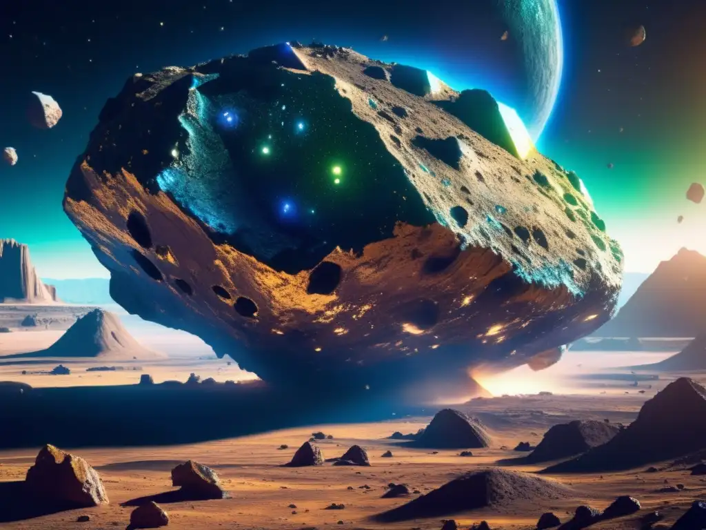 Asteroida flotante con detalles rocosos, minerales vibrantes y nave minera futurista
