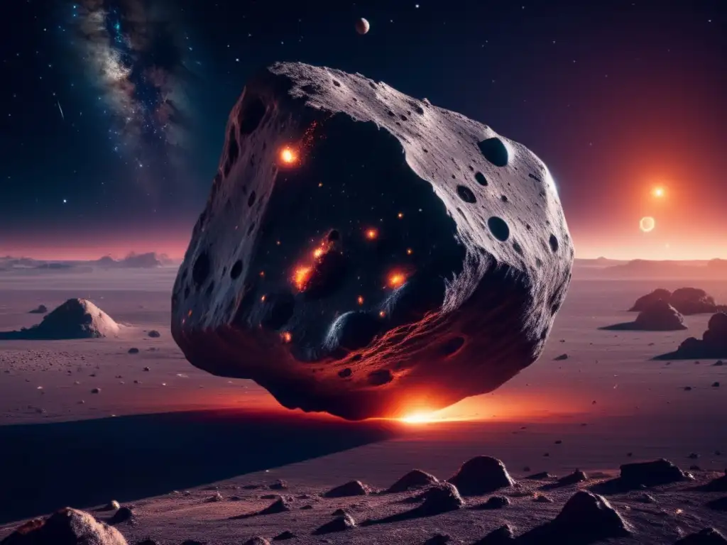 Asteroida gigante flotando en el espacio, con cráteres y nave espacial futurista equipada para extracción de recursos en el espacio