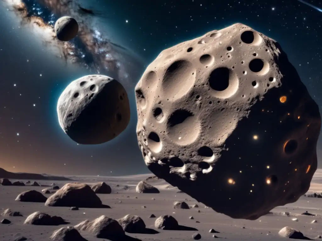 Asteroida gris con cráteres, nave espacial analiza composición
