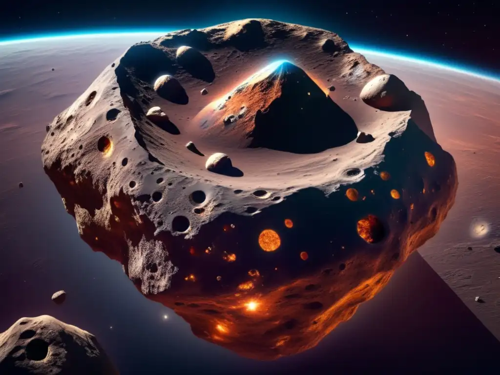 Asteroida masiva flotando en el espacio, con formaciones geológicas y composición mineral única