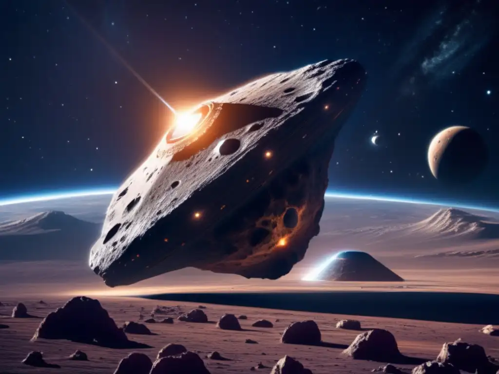 Asteroida masiva en el espacio rodeada de stardust, con nave espacial futurista