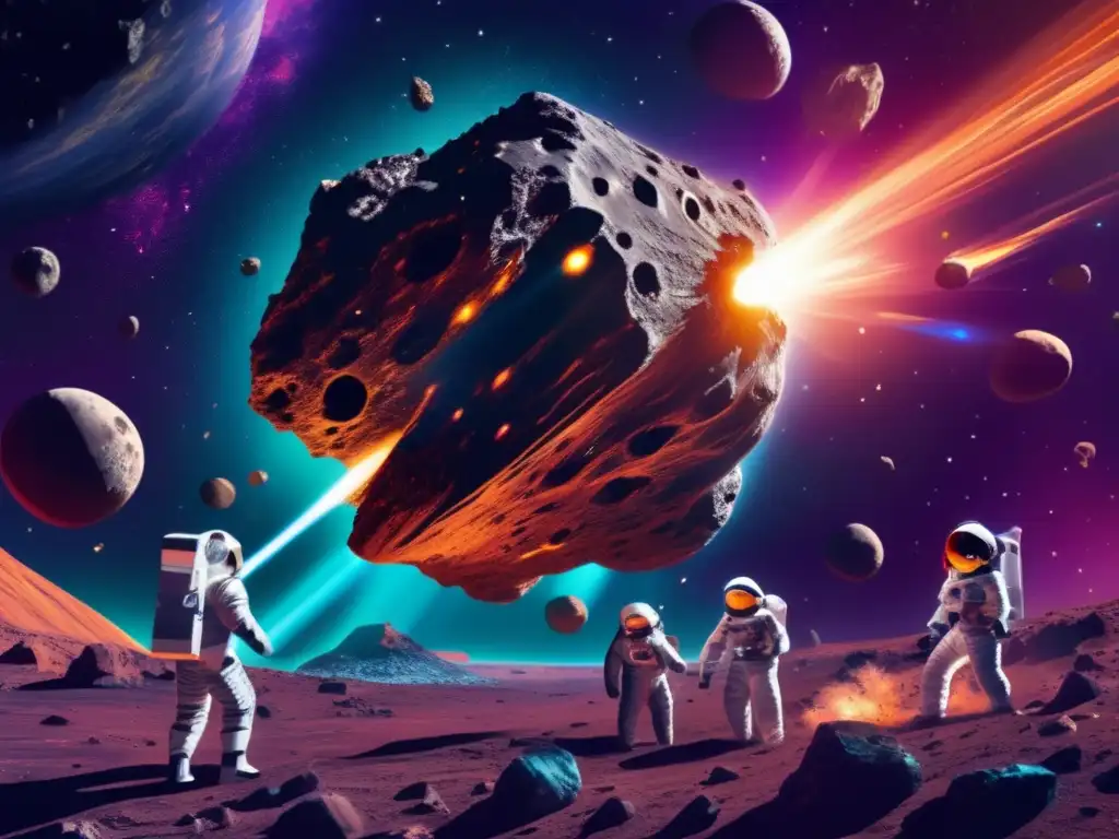Asteroida masiva con minerales extraterrestres: tesoros cósmicos y equipo avanzado minero en acción