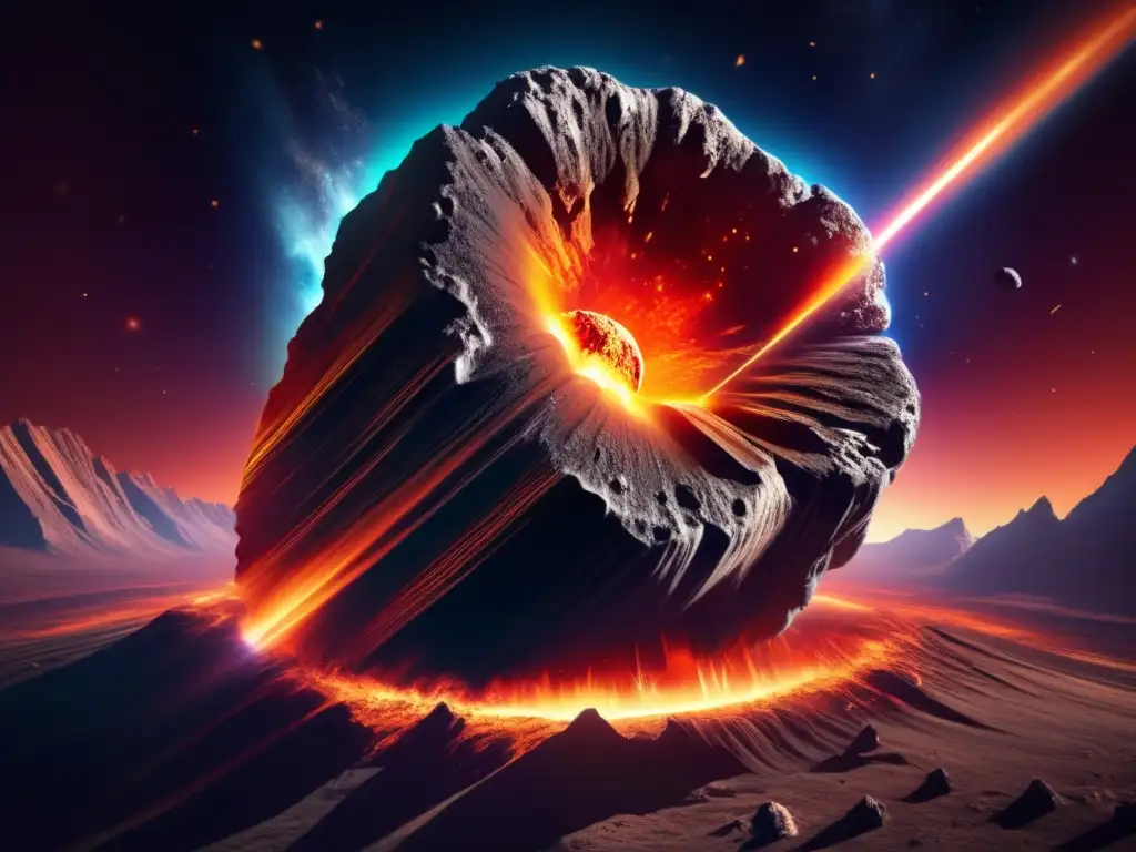 Asteroida masiva acercándose a la Tierra, con detalles impresionantes y halo de fuego