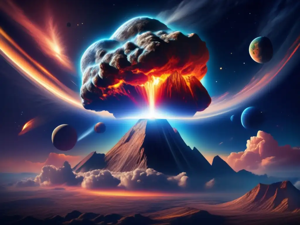 Asteroida masiva dirigiéndose hacia la Tierra, con detalles de su superficie y estelas de fuego