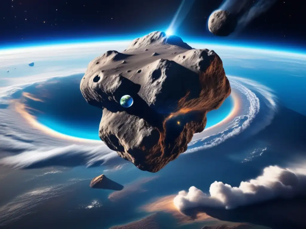 Asteroida realista acercándose a la Tierra, amenaza y necesidad de predecir impactos de asteroides