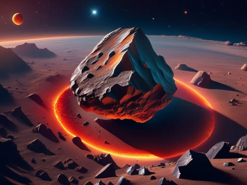 Asteroida rocosa flotando en el espacio con formaciones geológicas y una nave futurista