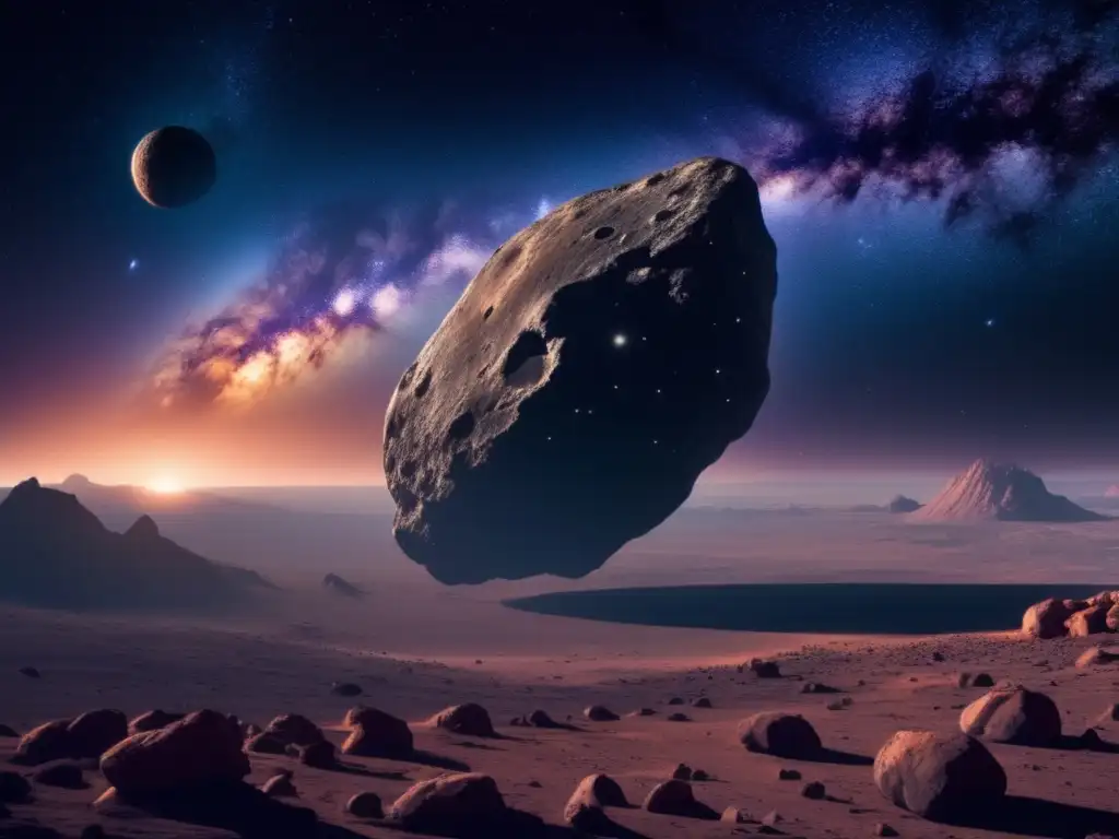 Asteroida Tipo D: Peligro o recurso? Escena cinematográfica en el espacio con asteroide masivo y la Vía Láctea