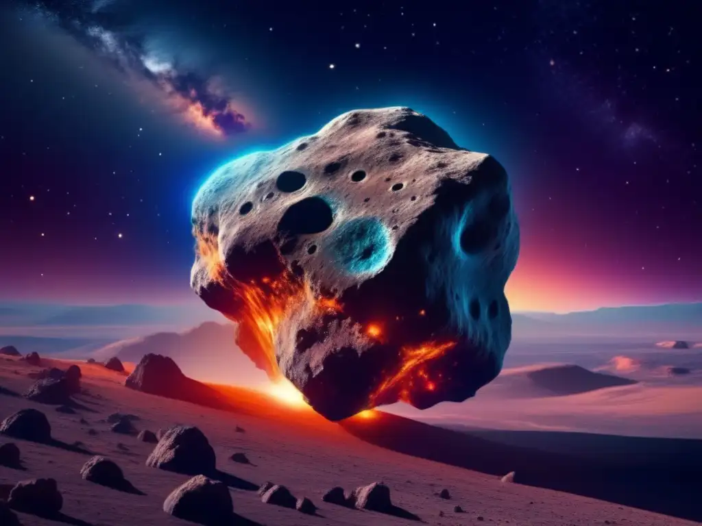Asteroida 8k ultradetallado flotando en el espacio con terreno rocoso y cráteres