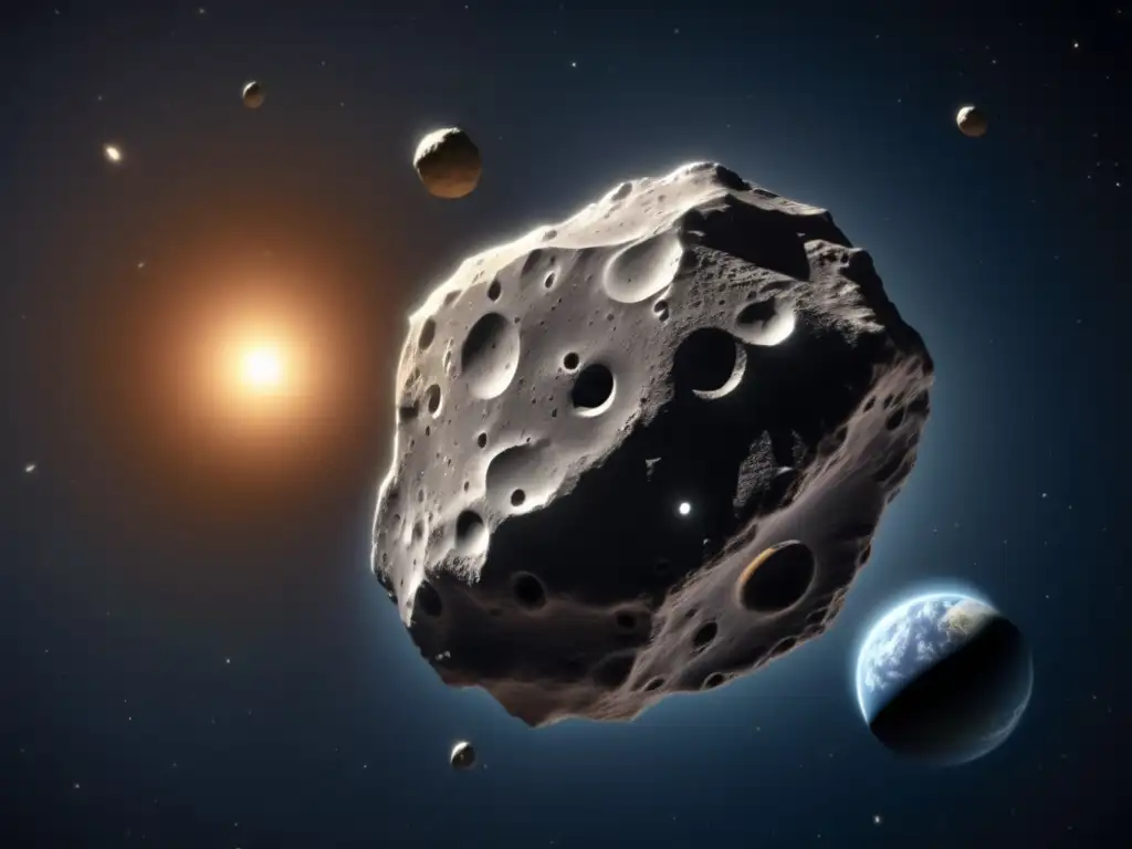 Asteroide 1950 DA impacto futuro, vista detallada de su superficie rocosa y cráteres, con la Tierra de fondo