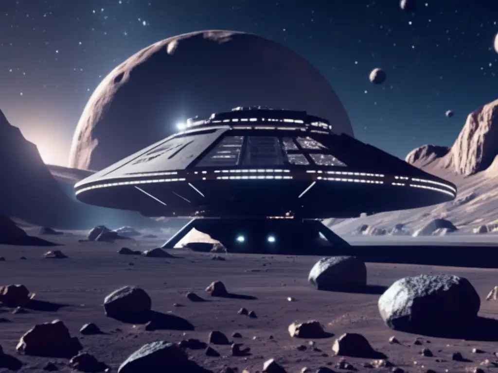 Extracción futurista en asteroide Exploración asteroide C: Futuro minero espacial, maquinaria avanzada y diseño moderno extraen recursos valiosos
