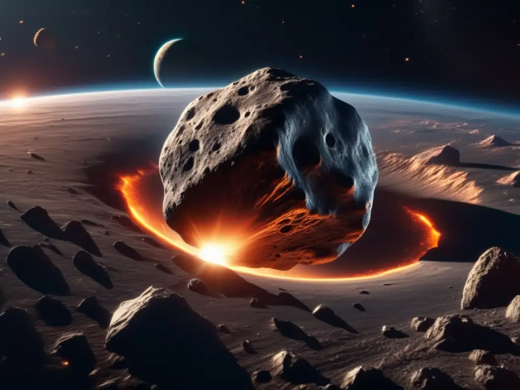 Asteroide masivo en el espacio Asteroide cercano a la Tierra: Textura, metal y cráteres en imagen 8k evocan exploración de asteroides