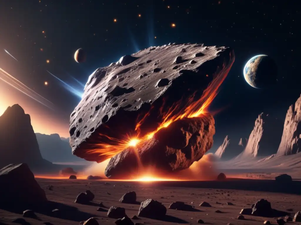 Asteroide en la ciencia ficción: Impresionante imagen 8k de un asteroide colosal, con texturas rocosas y entorno estrellado
