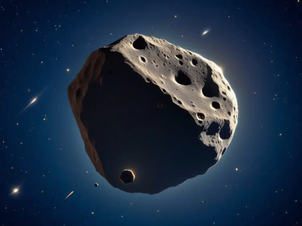 Asteroide Damocloides en el universo: detalle impactante de su superficie rocosa y cráteres, junto a un impresionante paisaje cósmico